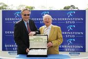 11 May 2008; Stan Cosgrove, Manager of Moyglare Stud Farm, is presented with his prize by Stephen Collins, Manager of Derrinstown Stud, after Casual Conquest, owned by the Moyglare Stud Farm, won the Derrinstown Stud Derby Trial Stakes. Derrinstown Stud Derby Trial Stakes Day, Leopardstown, Co. Dublin. Picture credit: Stephen McCarthy / SPORTSFILE