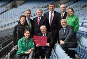 15 April 2015; Minister of State for Tourism and Sport, Michael Ring T.D, today announced an investment package of €7.4 million from the Irish Sports Council to support grass roots development in rugby, football and Gaelic games. Pictured are Minister of State for Tourism and Sport, Michael Ring T.D, with, from left, Marie Louise Reilly, from the Ireland ladies rugby team, Charlie Harrison, Sligo footballer, John Delaney, Chief Executive of the FAI, Paraic Duffy Ard StiÃºrthoir of the GAA,  Phillip Brown, IRFU Chief Executive, John Treacy, CEO of the Irish Sports Council, Kieran Mulvey, Chairman, Irish Sports Council, and Republic of Ireland International Julie Ann Russell. Croke Park, Dublin. Picture credit: Matt Browne / SPORTSFILE