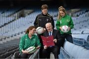 15 April 2015; Minister of State for Tourism and Sport, Michael Ring TD with from left Marie Louise Reilly from the Ireland ladies rugby team, Charlie Harrison, Sligo footballer and Republic of Ireland International, Julie Ann Russell. Croke Park, Dublin. Picture credit: Matt Browne / SPORTSFILE