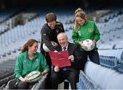 15 April 2015; Minister of State for Tourism and Sport, Michael Ring TD with from left Marie Louise Reilly from the Ireland ladies rugby team, Charlie Harrison, Sligo footballer and Republic of Ireland International, Julie Ann Russell. Croke Park, Dublin. Picture credit: Matt Browne / SPORTSFILE