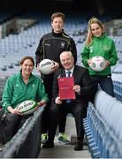 15 April 2015; Minister of State for Tourism and Sport, Michael Ring T.D, today announced an investment package of €7.4 million from the Irish Sports Council to support grass roots development in rugby, football and Gaelic games. Pictured are Minister of State for Tourism and Sport, Michael Ring T.D with. from left, Marie Louise Reilly, from the Ireland ladies rugby team, Charlie Harrison, Sligo footballer, and Republic of Ireland International Julie Ann Russell. Croke Park, Dublin. Picture credit: Matt Browne / SPORTSFILE