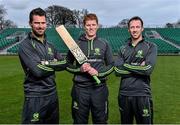 15 April 2015; Ireland's Max Sorensen, left, Kevin O'Brien, centre, and Alex Cusack ahead of the Royal one-day London International between Ireland and England at Malahide Cricket Club on Friday 8th May. Malahide Cricket Club, Malahide, Co. Dublin. Picture credit: Ramsey Cardy / SPORTSFILE