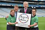 15 April 2015; Ard Stiúrthoir of the GAA Paraic Duffy with Special Olympics Ireland Chief Executive Officer Matt English, second left, athletes Michaelle Stynes, Basketball, and Billy Kane, Gymnastics in attendance at the announcement of the GAA charities for 2015. Croke Park, Dublin. Picture credit: Matt Browne / SPORTSFILE