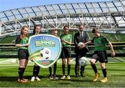16 April 2015; The FAI today launched the SportsWorld FAI Summer Soccer Schools and also announced Temple Street Childrens Hospital as their charity partner for this year. In attendance at the launch is Republic of Ireland manager Martin O'Neill with, from left, Sinead Gallagher, Aoife Doran, Mark Bates, Anna Secka and Brian Gallagher. Launch of the 2015 SportsWorld FAI Summer Soccer Schools, Aviva Stadium, Lansdowne Road, Dublin. Picture credit: Pat Murphy / SPORTSFILE