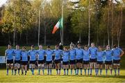 16 April 2015; The UCD team during a minute silence in honour of the late Dave Billings. Annual Rugby Colours, UCD v Trinity. UCD Bowl, Belfield, Dublin. Picture credit: Pat Murphy / SPORTSFILE