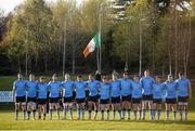 16 April 2015; The tricolour flies at half-mast while the UCD team observe a minute silence in honour of the late Dave Billings. Annual Rugby Colours, UCD v Trinity. UCD Bowl, Belfield, Dublin. Picture credit: Pat Murphy / SPORTSFILE