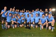 16 April 2015; The UCD team celebrate with the trophy. Annual Rugby Colours, UCD v Trinity. UCD Bowl, Belfield, Dublin. Picture credit: Pat Murphy / SPORTSFILE