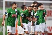 17 April 2015; Kieran Djilali, Cork City, is congratulated by team-mates Mark O'Sullivan, left, and John Kavanagh, right, after scoring his side's second goal. SSE Airtricity League Premier Division, Drogheda United v Cork City. United Park, Drogheda, Co. Louth. Photo by Sportsfile
