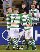 17 April 2015; Shamrock Rovers' Michael Drennan celebrates with team-mates, from left, Conor Kenna, Gary McCabe and Sean O'Connor, after scoring his side's  second goal. SSE Airtricity League Premier Division, Shamrock Rovers v Dundalk. Tallaght Stadium, Tallaght, Co. Dublin. Picture credit: Matt Browne / SPORTSFILE