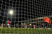 17 April 2015; St Patrick's Athletic's Killian Brennan takes a penalty kick which was subsequently saved by Bohemians goalkeeper Dean Delaney. SSE Airtricity League Premier Division, Bohemians v St Patrick's Athletic. Dalymount Park, Dublin. Picture credit: David Maher / SPORTSFILE