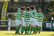 18 April 2015; John Lester, Sheriff YC, left, is congratulated by team-mates after scoring his side's first goal from a penalty.  FAI Aviva Junior Cup Semi-Final, Clonmel Celtic v Sheriff YC. Cooke Park, Tipperary Town, Co. Tipperary. Picture credit: Diarmuid Greene / SPORTSFILE