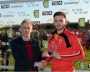 18 April 2015; Padraig Hampsey, Tyrone, is presented with the EirGrid Man of the Match award by Alan Kelly, Community Liaison Officer EirGrid. EirGrid GAA All-Ireland U21 Football Championship Semi-Final, Tyrone v Roscommon. Markievicz Park, Sligo. Picture credit: Oliver McVeigh / SPORTSFILE