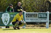18 April 2015; Clonmel Celtic goalkeeper Ciaran Kenrick reacts after conceding a first-half penalty from John Lester, Sheriff YC.  FAI Aviva Junior Cup Semi-Final, Clonmel Celtic v Sheriff YC. Cooke Park, Tipperary Town, Co. Tipperary. Picture credit: Diarmuid Greene / SPORTSFILE