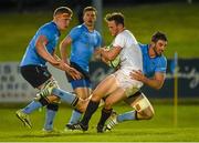 16 April 2015; Brian Du Toit, Trinity, is tackled by Daniel Leavy, left, and Shane Grannell, right, UCD. Annual Rugby Colours, UCD v Trinity. UCD Bowl, Belfield, Dublin. Picture credit: Pat Murphy / SPORTSFILE