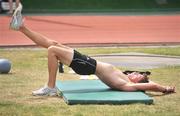7 May 2008; 400m runner David Gillick goes through some core exercises during a training session. Ireland athletics squad training camp, Monte Gordo, Faro, Portugal. Picture credit; Brendan Moran / SPORTSFILE