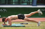 7 May 2008; 400m runner David Gillick goes through some core exercises during a training session. Ireland athletics squad training camp, Monte Gordo, Faro, Portugal. Picture credit; Brendan Moran / SPORTSFILE