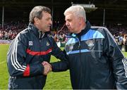 19 April 2015;  Cork manager Jimmy Barry-Murphy commiserates with Dublin manager Ger Cunningham after the final whistle. Allianz Hurling League, Division 1 Semi-Final, Cork v Dublin. Nowlan Park, Kilkenny. Picture credit: Matt Browne / SPORTSFILE