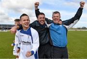 19 April 2015; Liffey Wanderers manager John Young, right, celebrates with Lee Roche, left, and Ken Roche at the end of the game. FAI Aviva Junior Cup, Semi-Final, North End Utd v Liffey Wanderers. Ferrycarrig Park, Wexford. Picture credit: David Maher / SPORTSFILE