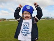 19 April 2015; Liffey Wanderers supporter Zach Mooney, aged 3, from Pearse Street, Dublin,  celebrates at the end of the game. FAI Aviva Junior Cup, Semi-Final, North End Utd v Liffey Wanderers. Ferrycarrig Park, Wexford. Picture credit: David Maher / SPORTSFILE