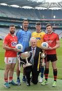 20 April 2015; In attendance at a photocall ahead of the Allianz Football League Division 1 and 2  Finals this weekend are, from left, Colm O'Driscoll, Cork, James MacCarthy, Dublin, Brendan Murphy, CEO, Allianz Ireland, Neil Collins, Roscommon, and Donal O'Hare, Down. Croke Park, Dublin. Picture credit: Brendan Moran / SPORTSFILE
