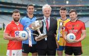 20 April 2015; In attendance at a photocall ahead of the Allianz Football League Division 1 and 2  Finals this weekend are, from left, Colm O'Driscoll, Cork, James MacCarthy, Dublin, Brendan Murphy, CEO, Allianz Ireland, Neil Collins, Roscommon, and Donal O'Hare, Down. Croke Park, Dublin. Picture credit: Brendan Moran / SPORTSFILE