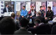 20 April 2015; General view of the press conference ahead of the Allianz Football League Division 1 and 2  Finals this weekend  featuring footballers, from left, James MacCarthy, Dublin, Colm O'Driscoll, Cork, Neil Collins, Roscommon, and Donal O'Hare, Down. Croke Park, Dublin. Picture credit: Brendan Moran / SPORTSFILE