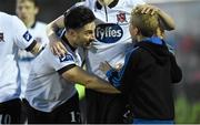 20 April 2015; Richie Towell, Dundalk, celebrates with two young supporters on the pitch after scoring his side's second goal. SSE Airtricity League Premier Division, Dundalk v Galway United. Oriel Park, Dundalk, Co. Louth. Photo by Sportsfile
