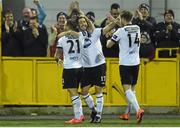 20 April 2015; Richie Towell, Dundalk, is congratulated by team-mates Darren Meenan, left, and Dane Massey, right, after scoring his side's third goal. SSE Airtricity League Premier Division, Dundalk v Galway United. Oriel Park, Dundalk, Co. Louth. Photo by Sportsfile