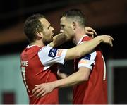 20 April 2015; Ciaran Kilduff, right, St Patrick's Athletic, celebrates with team-mate Conan Byrne after scoring his side's second goal. SSE Airtricity League Premier Division, St Patrick's Athletic v Drogheda United. Richmond Park, Dublin. Picture credit: David Maher / SPORTSFILE