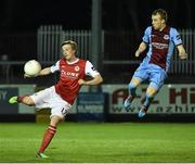 20 April 2015; Chris Forrester, St Patrick's Athletic, in action against Casthal Brady, Drogheda United. SSE Airtricity League Premier Division, St Patrick's Athletic v Drogheda United. Richmond Park, Dublin. Picture credit: David Maher / SPORTSFILE
