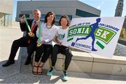 21 April 2015; Former World Champion and Olympic silver medallist, Sonia O'Sullivan, launches the Sonia 5K, in association with Euromedic Ireland, which takes place in Dun Laoghaire on Saturday, June 13th, to mark the 20th Anniversary of her historic victory in the 5000 metres at the IAAF World Championships in Gothenburg in 1995. Pictured are Sonia O'Sullivan with Tom Finn, CEO Euromedic Ireland, and Olivia Dowling, Euromedic Ireland. Royal Marine Hotel, Marine Road, Dun Laoghaire, Dublin. Picture credit: David Maher / SPORTSFILE