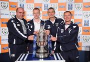 12 May 2008; Liffeys Pearse personell Liam Murphy, School Boy Secretary, James Bradshaw, Captain, Anthony Gannon, Senior Secretary and Seamus Pullen, Manager, at the FAI Ford Cup 3rd Round Draw. Ballsbridge Court, Dublin. Picture credit: Ray McManus / SPORTSFILE