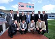 15 May 2008; TV3 has announced its GAA Line-up at Croke Park for Championship Season 2008. All live matches will be hosted by Matt Cooper and he will be joined in the studio by three expert panelists for each match. In addition to the live matches, TV3 will also broadcast a new Thursday prime time magazine show &quot;Championship Throw-In&quot;, starting on May 29th. Pictured at the announcement are panellists, back, from left, David Brady, Daithi Regan, Presenter Matt Cooper, Eugene McGee, Joe Kernan, Liam Griffin and Peter Cavnavan with front, from left, Nicky English, Senan Connell, Jamesie O'Connor and Paul Earley. Croke Park, Dublin. Picture credit: Brendan Moran / SPORTSFILE  *** Local Caption ***