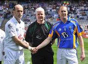 18 May 2008; Kildare captain Killian Brennan shakes hands with Wicklow captain Dara O hAnnaidh, in the company of referee John Bannon, before the game. GAA Football Leinster Senior Championship 1st Round, Kildare v Wicklow, Croke Park, Dublin. Picture credit: Brendan Moran / SPORTSFILE