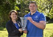 21 April 2015; Leinster's Tadhg Furlong is presented with the Leinster Player of the Month award for February/March by Jane Kelly, Capital Asset Services, Business Support, Bank of Ireland. Rosemount, UCD, Dublin. Picture credit: Pat Murphy / SPORTSFILE