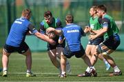 21 April 2015; Leinster's Cian Healy is tackled by Tadhg Furlong, left, Jack McGrath, and Luke Fitzgerald, right, during squad training. Rosemount, UCD, Dublin. Picture credit: Pat Murphy / SPORTSFILE
