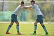 22 April 2015; Republic of Ireland's Josh Barrett, left, and Robbie McCourt in action during squad training. Republic of Ireland U17 Squad Training, Johnstown House Hotel, Enfield, Co. Meath. Picture credit: Pat Murphy / SPORTSFILE