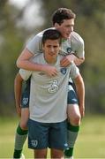 22 April 2015; Republic of Ireland Oisin Connolly, top, and Zachary Elbouzedi in action during squad training. Republic of Ireland U17 Squad Training, Johnstown House Hotel, Enfield, Co. Meath. Picture credit: Pat Murphy / SPORTSFILE