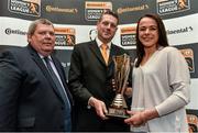 22 April 2015; Aine O'Gorman, Peamount United, winner of the Continental Tyres  Player of the Year award, who received her award from Eamon Naughton, left, FAI Chairman of the National League, and Peter Robb, Marketing Communications Manager, Continental Tyre Group, at the Continental Tyres Womenâ€™s National League Annual Awards 2015. Clyde Court Hotel, Ballsbridge, Dublin. Picture credit: David Maher / SPORTSFILE
