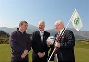 22 April 2015; Uachtarán Chumann Lúthchleas Gael Aogán Ó Feargháil, centre, with James McCartan, left, and Sean O'Neill, right, joint managers of the Ulster select team, at the launch of The GAA Open, a charity exhibition match between Ulster XV and a Rest of Ireland Select that will take place during the Irish Open Golf Week in Newcastle, Co. Down, on Monday 25th May. Slieve Donard Hotel, Newcastle, Co. Down. Picture credit: Oliver McVeigh / SPORTSFILE