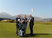 22 April 2015; Uachtarán Chumann Lúthchleas Gael Aogán Ó Feargháil, right, with David Wilson, secretary of Royal Co. Down Golf Club, left, and Naomi Bailie, centre, Chairperson of Newry Mourne and Down District Council at the launch of The GAA Open, a charity exhibition match between Ulster XV and a Rest of Ireland Select that will take place during the Irish Open Golf Week in Newcastle, Co Down on Monday, 25 May. Slieve Donard Hotel, Newcastle, Co. Down. Picture credit: Oliver McVeigh / SPORTSFILE
