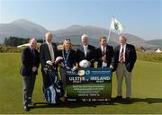 22 April 2015; David Wilson, secretary of Royal Co Down Golf Club, Martin McAviney, President of Ulster GAA, Naomi Bailie, centre, Chairperson of Newry Mourne and Down District Council,  Uachtarán Chumann Lúthchleas Gael Aogán Ó Feargháil, Sean Rooney, Down GAA Chairman and Sean O'Neill, joint manager of the Ulster select at the launch of The GAA Open, a charity exhibition match between Ulster XV and a Rest of Ireland Select that will take place during the Irish Open Golf Week in Newcastle, Co. Down, on Monday 25th May. Slieve Donard Hotel, Newcastle, Co. Down. Picture credit: Oliver McVeigh / SPORTSFILE
