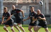 23 April 2015; Ulster's Rory Best, takes a pass alongside team-mates, from left to right, Chris Henry, Lewis Stevenson and Wiehahn Herbst during the captain's run. Kingspan Stadium, Ravenhill Park, Belfast, Co. Antrim. Picture credit: Oliver McVeigh / SPORTSFILE