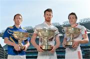 23 April 2015; In attendance at the launch of the Christy Ring, Nicky Rackard and Lory Meagher Cups 2015 are team captains, from left, Martin Coyle, Longford and 2014 Lory Meagher champions, Eanna Ó NÃ©ill, Kildare and 2014 Christy Ring Cup champions and Damien Casey, Tyrone and 2014 Nicky Rackard Cup champions. Croke Park, Dublin. Picture credit: Brendan Moran / SPORTSFILE