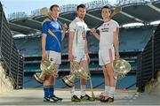 23 April 2015; In attendance at the launch of the Christy Ring, Nicky Rackard and Lory Meagher Cups 2015 are team captains, from left, Martin Coyle, Longford and 2014 Lory Meagher champions, Eanna Ó NÃ©ill, Kildare and 2014 Christy Ring Cup champions and Damien Casey, Tyrone and 2014 Nicky Rackard Cup champions. Croke Park, Dublin. Picture credit: Brendan Moran / SPORTSFILE