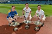 23 April 2015; In attendance at the launch of the Christy Ring, Nicky Rackard and Lory Meagher Cups 2015 are team captains, from left, Martin Coyle, Longford and 2014 Lory Meagher champions, Damien Casey, Tyrone and 2014 Nicky Rackard Cup champions and Eanna Ó NÃ©ill, Kildare and 2014 Christy Ring Cup champions. Croke Park, Dublin. Picture credit: Brendan Moran / SPORTSFILE