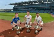 23 April 2015; In attendance at the launch of the Christy Ring, Nicky Rackard and Lory Meagher Cups 2015 are team captains, from left, Martin Coyle, Longford and 2014 Lory Meagher champions, Damien Casey, Tyrone and 2014 Nicky Rackard Cup champions and Eanna Ó NÃ©ill, Kildare and 2014 Christy Ring Cup champions. Croke Park, Dublin. Picture credit: Brendan Moran / SPORTSFILE