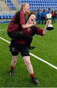 24 April 2015; Katie O'Brien, right, Sacred Heart High School, celebrates with team-mate Eimear Daly after the cup presentation. Bank of Ireland Leinster School Girls 7s Senior Blitz. Donnybrook Stadium, Donnybrook, Co. Dublin. Picture credit: Cody Glenn / SPORTSFILE
