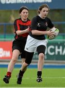 24 April 2015; Emma O'Malley, The High School, Dublin, is tackled by Gemma Byrne, Pipers Hill College, Naas, Co. Kildare. Bank of Ireland Leinster School Girls 7s Senior Blitz. Donnybrook Stadium, Donnybrook, Co. Dublin. Picture credit: Piaras Ó Mídheach / SPORTSFILE