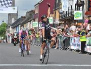 19 May 2008; Dean Downing, Team Stena Rapha Condor Recycling.co.uk, celebrates as he crosses the line ahead of Evan Oliphant, Team Plowman Craven, and thrid place Stephen Gallagher, An Post sponsored Sean Kelly team, in Claremorris, Co. Mayo. FBD Insurance Ras 2008 - Stage 2, Ballinamore - Claremorris. Picture credit: Stephen McCarthy / SPORTSFILE